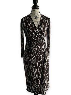 ANNE KLEIN Brown Abstract Animal Print Faux Wrap Midi Dress Long Sleeve